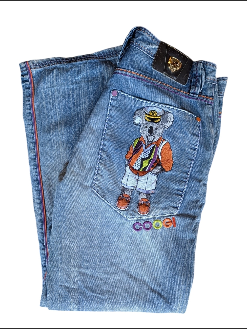 COOGI Light Blue Denim Jeans with Colorful Koala Embroidery Baggy Streetwear
